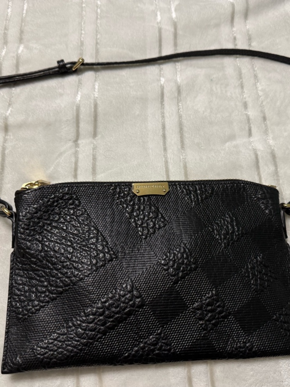 Burberry Black Textured Check Leather Crossbody with Gold Plaque